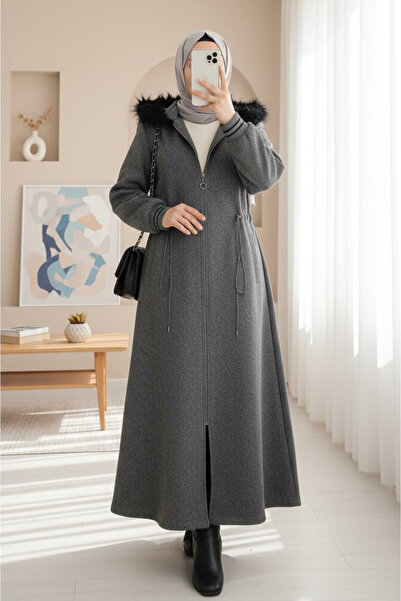 Modamorfo Hooded Cashmere Coat with Elastic Waist and Pockets - Smoked