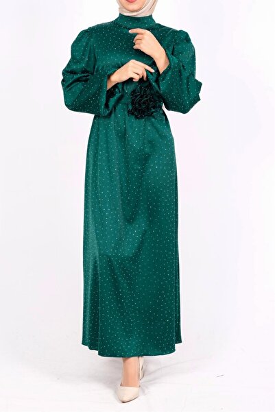 Modamorfo Balloon Sleeve Belted Stone Satin Dress - Emerald