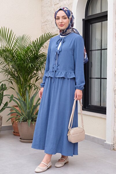 Modamorfo Lace-Up Front, Elasticated Sleeve Skirt Suit -Indigo