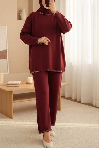 Modamorfo Round Neck Trim Embroidery Detailed Knitwear Set - Burgundy