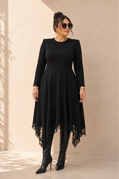 FOR ESRA BIG TREND Women's Black Plus Size Asymmetrical Cut Bottom Lace Detai...