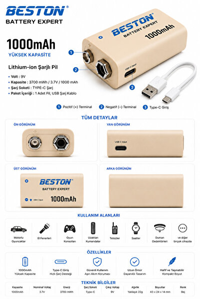Genel Markalar Beston Type-C Şarj Edilebilir 9V Pil 1200mAh 4500mWh – Gitar Ekolayzır, Multimetre, Telsiz ve Dedektör Uyumlu (Ekstra Şarj Cihazı Gerektirmez)