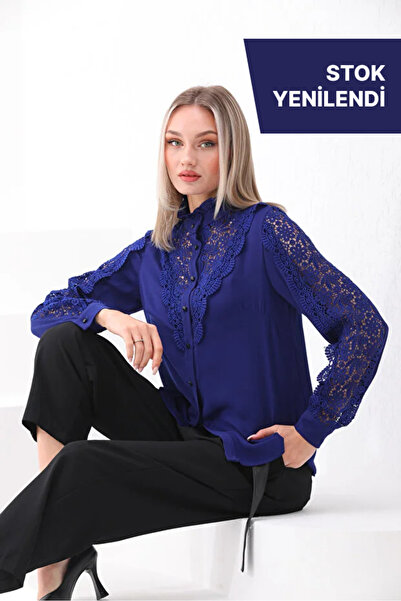 Loom Boutique Büyük Beden Dantel Garnili Krep Gömlek G0027
