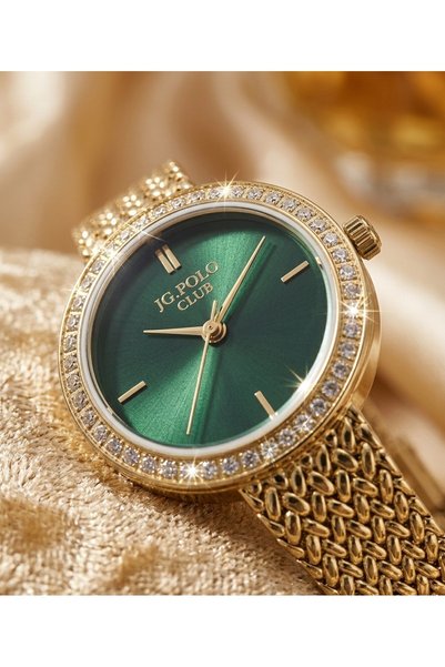 JG. Polo Club Jg Polo Club 26mm Green Dial Gold Color Women's Wristwatch with Stone Steel Band 5 Atm