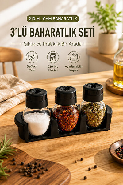 Porsima L-00372 3-Piece Spice Jar Set with Plastic Stand Salt Shaker Spice Ja...