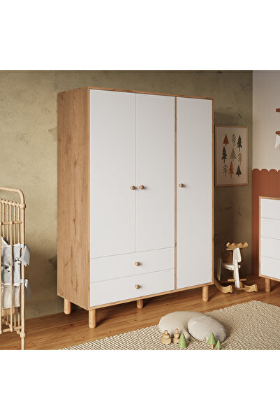 Bimossa KG3010 Bunny Sepet-Beyaz 120 cm, 3 Kapaklı Gardırop, 2 Çekmeceli Yüks...
