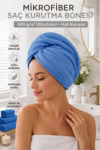 AXXO Mikrofiber Saç Kurutma Bonesi 400 g/m² Ultra Emici Düğmeli Pratik Saç Ha...
