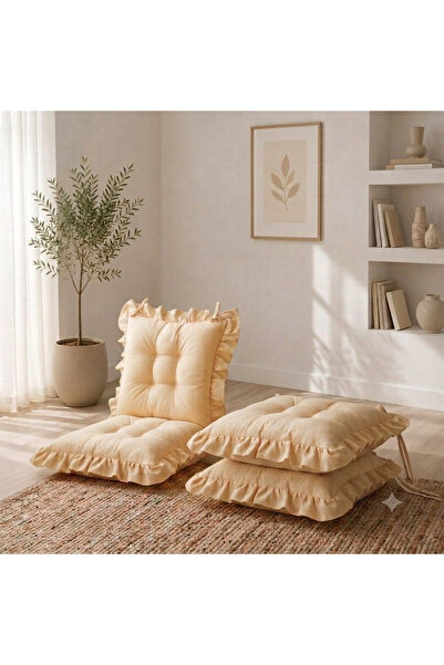 MoMMe Sırtlı Saçaklı Sandalye Minderi 45X45 Cm Bej Renk