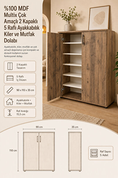 renazzo mobilya Multix %100 MDF Çok Amaçlı 2 Kapaklı 5 Raflı Ayakkabılık Kile...