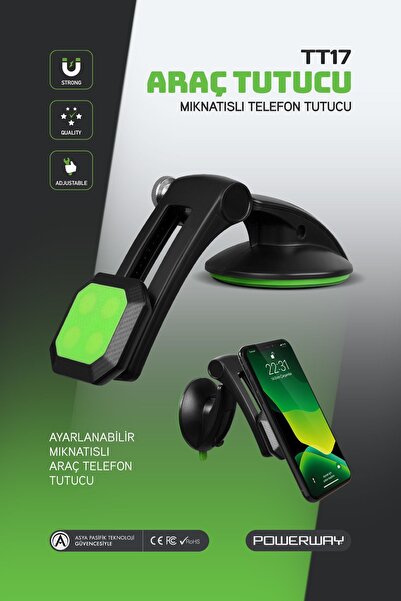 POWERWAY TT17 Araç İçi Oynar Başlıklı Mıknatıslı Vantuslu Telefon Tutucu