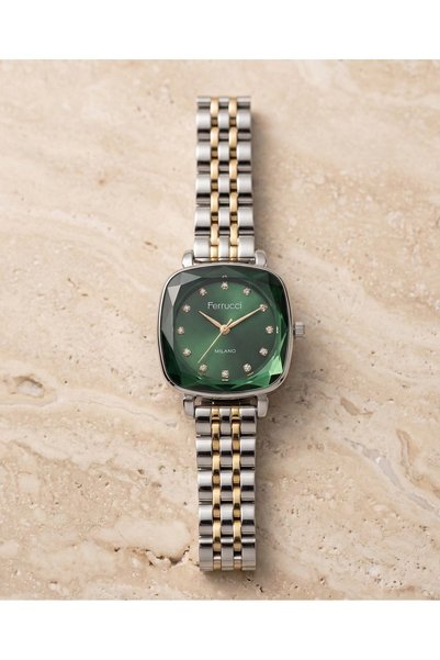 Ferrucci Women's Wristwatch Dual Color Steel Band Green Dial Quartz Mineral Glass 3 Atm 28 mm