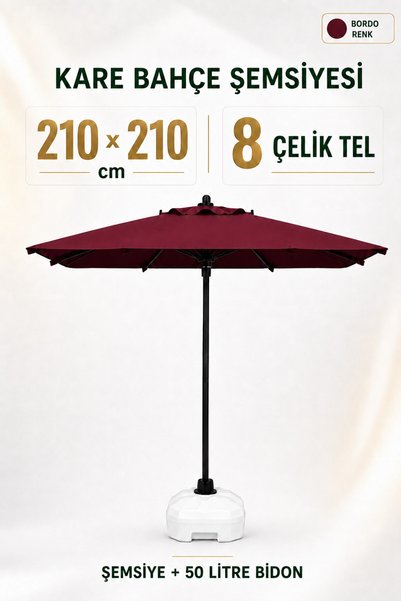Düvenci Alubrella Bordo 210x210 Kare 8 çelik tel Bahçe Şemsiyesi BİDONLU