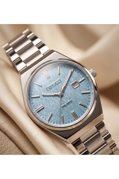 Ferrucci Milano 28 mm Women's Wristwatch Silver Color Steel Band Turquoise Blue Dial Small Case Women's Watch