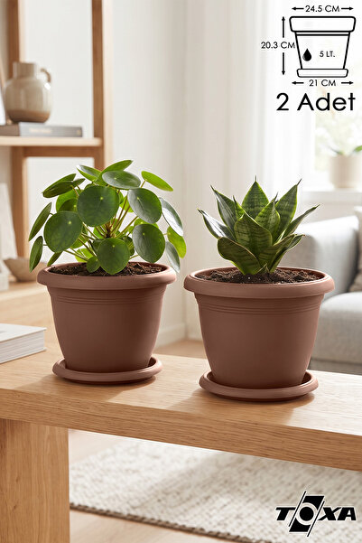 ToXA 2li Villa Saksı Seti 5 Litre Kahverengi 25cm Drenajlı Tabaklı Plastik Saksı