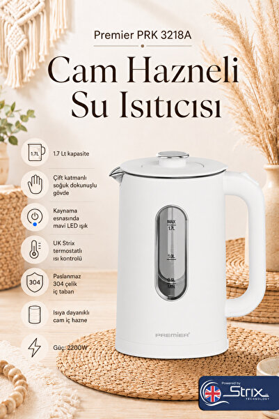 Premier PRK 3218A Isıya Dayanıklı Cam Hazneli LED ışıklı Su Isıtıcısı Cool To...