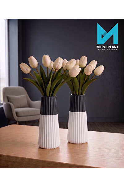 Mergen Art Dekoratif Çizgili Taş Tozu Vazo 17 cm Modern Salon Aksesuarı Çiçek...