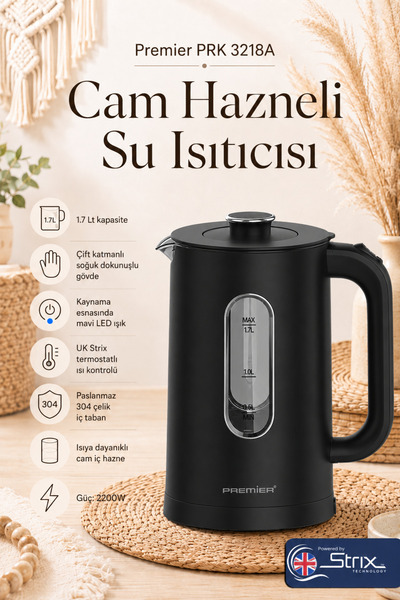 Premier PRK 3218A Isıya Dayanıklı Cam Hazneli LED ışıklı Su Isıtıcısı Cool To...
