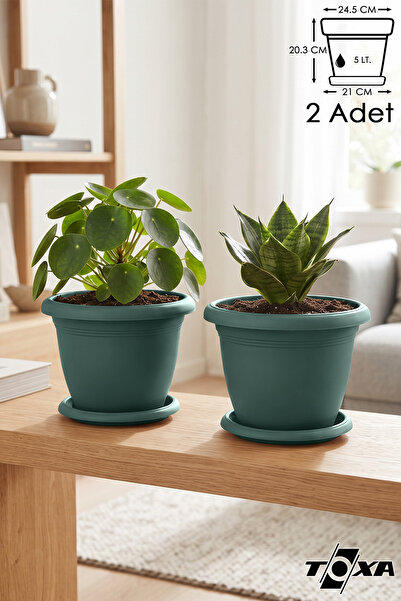 ToXA 2li Villa Saksı Seti 5 Litre Yeşil 25cm Drenajlı Tabaklı Mat Plastik Yuv...