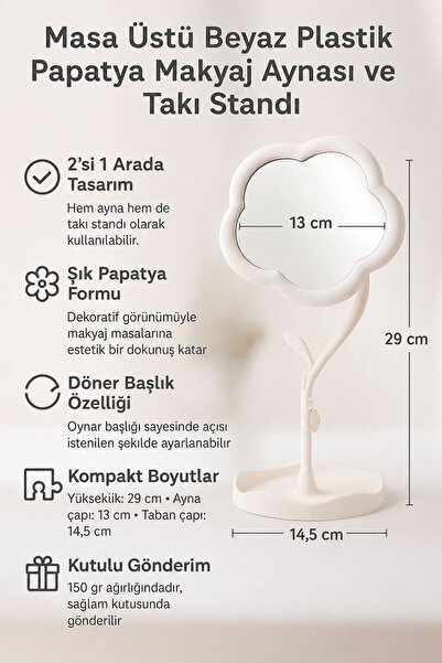 Chavin Masa üstü Beyaz Plastik Papatya Makyaj Masa Aynası Takı Standı cin889by
