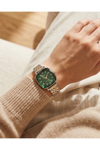Ferrucci Women's Wristwatch Dual Color Steel Band Green Dial Quartz Mineral Glass 3 Atm 28 mm