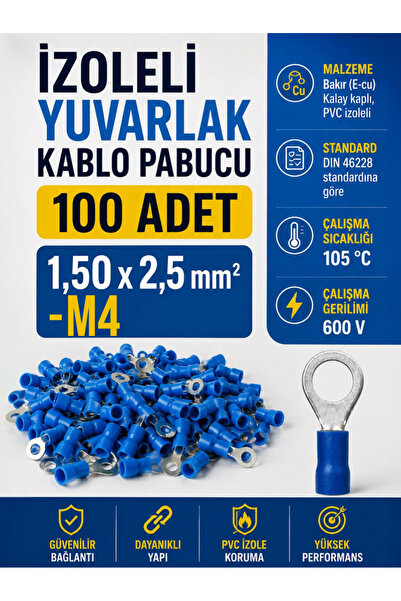 M4 1,50x2,5mm2 İzoleli Yuvarlak Kablo Pabucu (100 Adet)