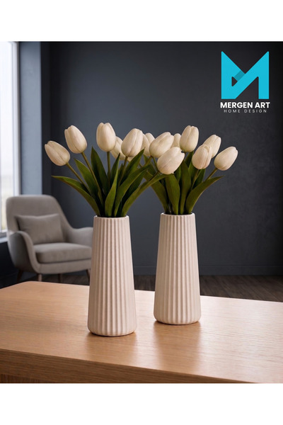 Mergen Art Vază decorativă cu dungi din piatră, 17 cm, accesoriu modern pentr...