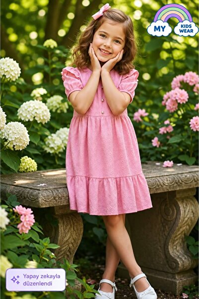 My Kids Wear Girl's Pink Scallop Fabric Buttoned Summer Dress 12528