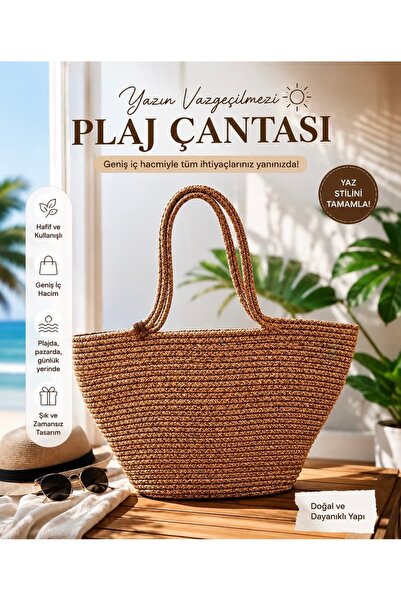 EYLCOTTON Plaj Çantası -Xl- Günlük Çanta - Hasır Jüt - El Çantası - Kol Çanta...