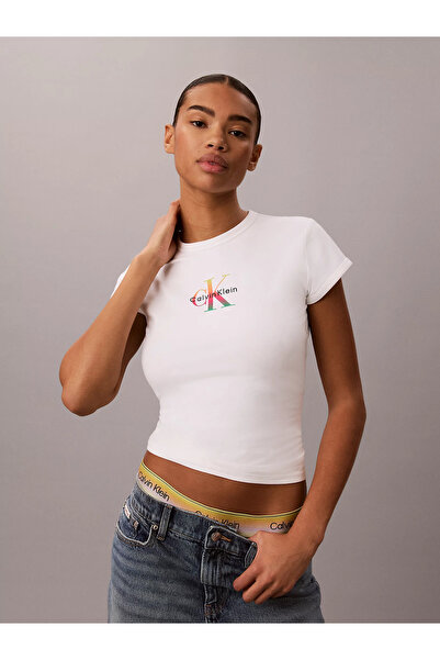 Calvin Klein Women's Slim Fit Round Neck Cotton Ck Logo Printed Short Sleeve ...