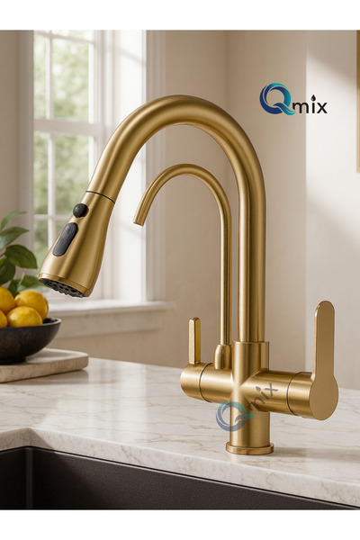 QMİX SPİRALLİ ARITMALI LÜX MUTFAK EVİYE BATARYASI MAT GOLD RENK PİRİNÇ GÖVDE