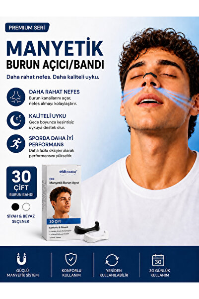 Eldi Medikal Manyetik Burun Açıcı/Bandı Başlama Seti (30 Çift, Siyah) - Horlamayı Azaltır - Nefesi Rahatlatır