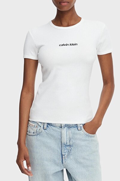 Calvin Klein Women's Ss Contour Rib Logo Detailed Ringer T-Shirt