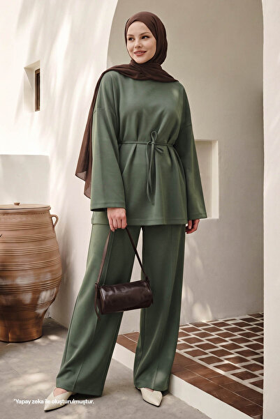 InStyle Belted Khaki Modal Suit with Piping Pants