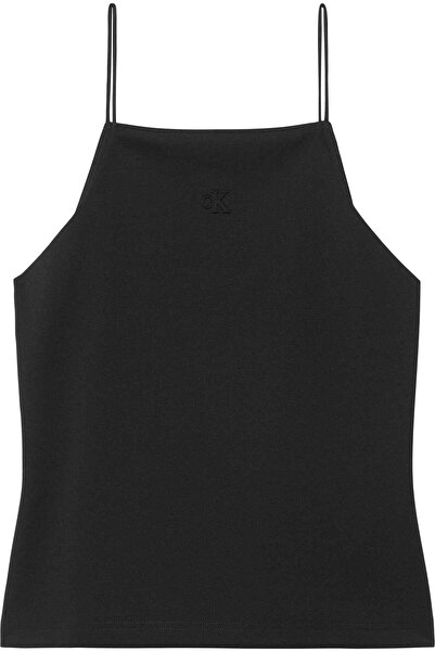 Calvin Klein Kadın Slim Fit Dar İp Askılı Pamuklu Düz Dokuma Kumaş Siyah Bluz