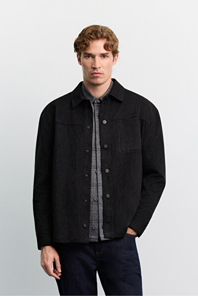 Avva Men's Black Classic Collar Buttoned Pocket Suede Comfort Fit Shirt Jacke...