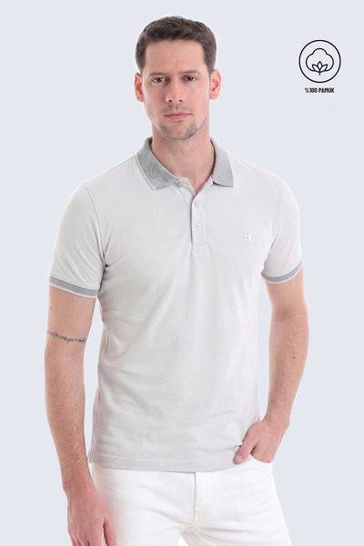 Hatemoğlu Gray Regular Fit 100% Cotton Non-Curling Polo Collar T-Shirt