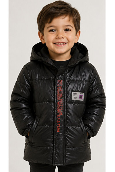 İrem Çocuk Giyim Boy's We Are Written Hooded Lined Glossy Black Color Coat
