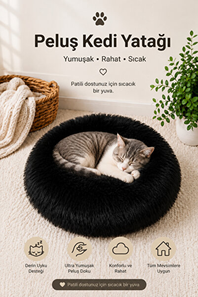 Siyah Peluş Kedi Yatağı 65 cm Yuvarlak Simit Yatak Tilki Kuyruğu Kumaş