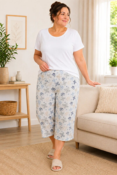 Erdenay Tekstil Patterned Combed Cotton Below Knee Plus Size Mother Women's Capri Blue&Beige Butterfly Patterned