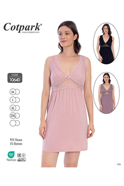 Cotpark Kasin Lace Detailed V-Neck Viscose Nightgown / Powder - 10640