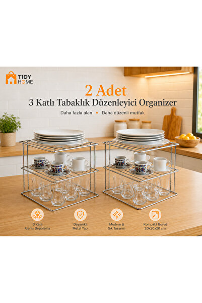 Tidy Home 2 Adet 3 katlı Tabaklık Metal Dolap içi Düzenleyici Organizer Tezga...