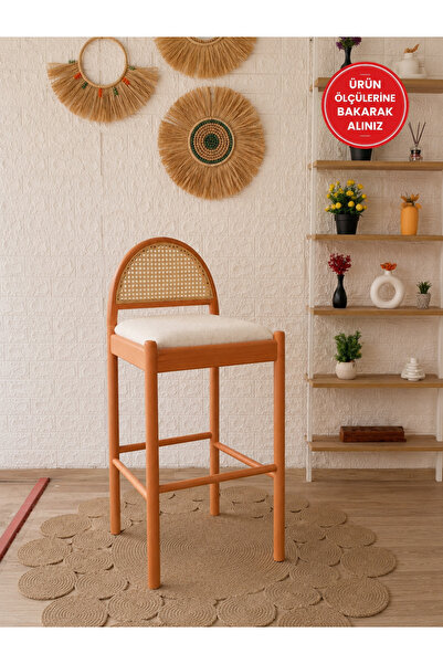 silla Nova Bar Sandalyesi Teddy Krem Kumaş Hasırlı Naturel Ahşap Ada Sandalye