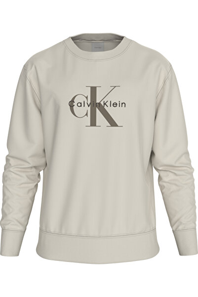 Calvin Klein Men's Brand Logo Printed Crew Neck Long Sleeve Stylish Beige Swe...
