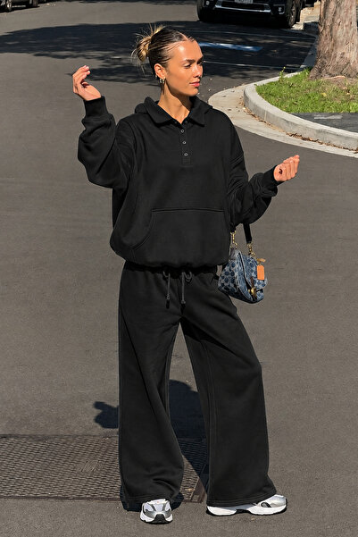 Seeh Black Long-Sleeved Buttoned Polo Collar Women's Tracksuit Set Sh392
