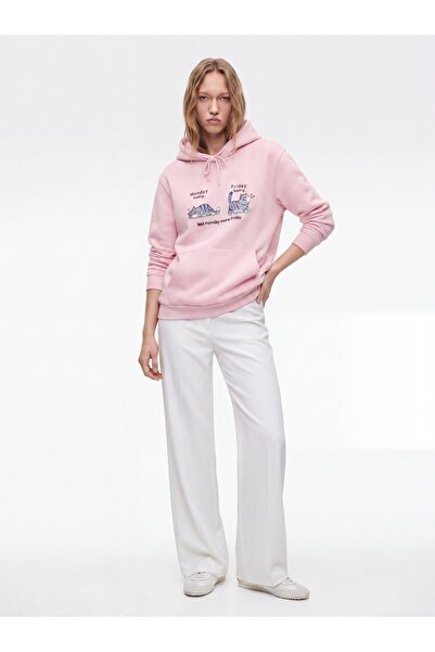 Koton Three Threaded Kangaroo Pocket Hooded Cat Print Sweatshirt