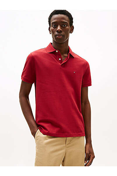 Tommy Hilfiger Men's Woven Polo Collar Short Sleeve Casual Red T-Shirt