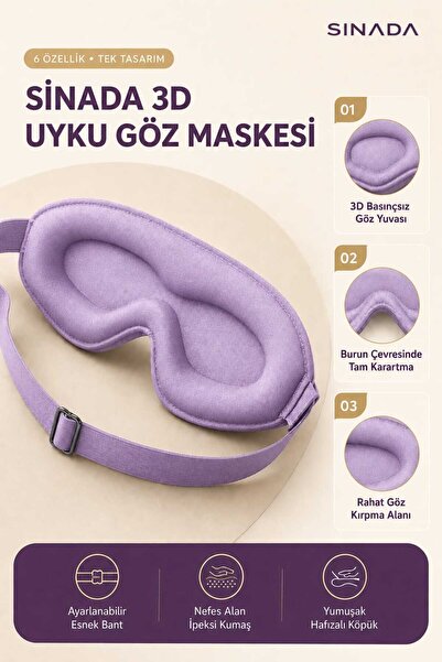 Sinada Premium 3D Uyku Göz Maskesi, %100 Işık Engelleme, Hafızalı Köpük Uyku Bandı
