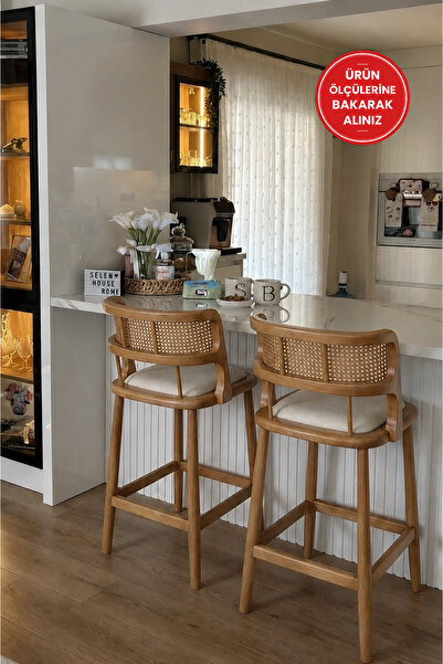 silla 2'li Odin Bar Sandalyesi Teddy Krem Kumaş Hasırlı Naturel Ahşap Ada San...