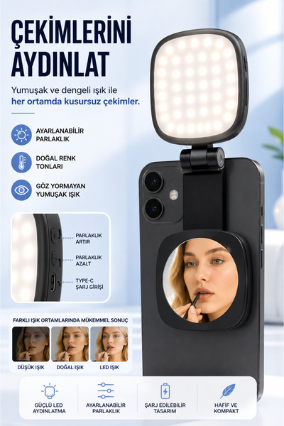 MATECHNO Şarjlı Aynalı Manyetik LED Selfie Işığı 3 Renk Modlu Telefon Video Ç...