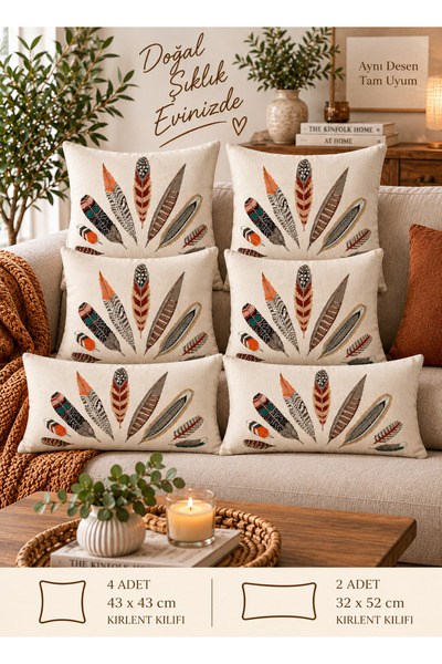 Sakallı Set de 6 huse de pernă cu model de pene noroc, cadou decorativ de pod...